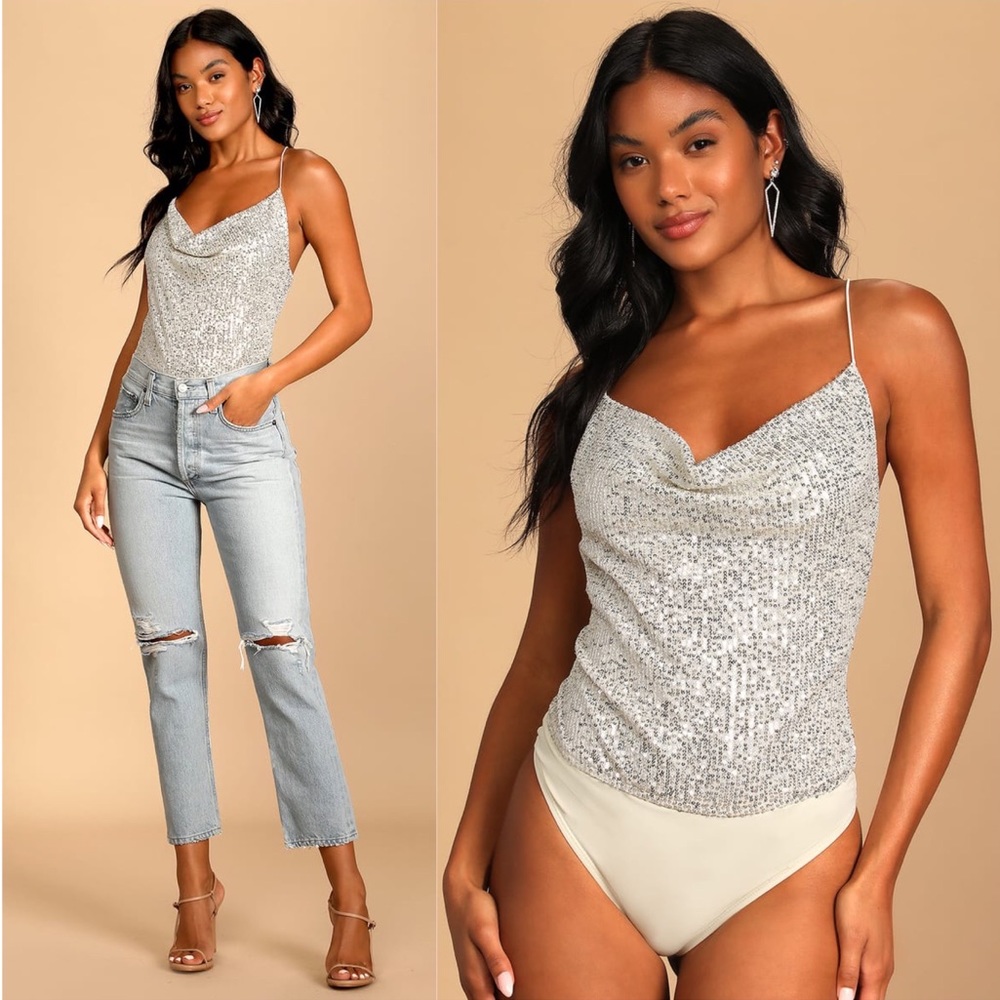 Lulu’s Small Here To Slay Silver Sequin Cowl Neck Bodysuit